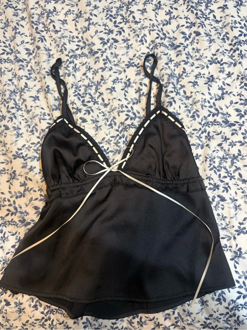 Black Satin Lace-Trim Camisole with Ivory Bow Accent (Never Worn)